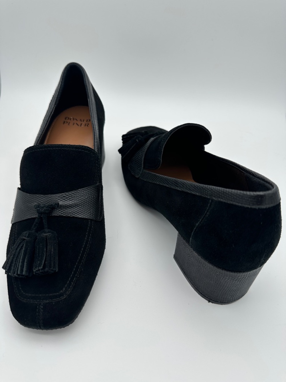 Donald Pliner Kressida Loafer Black Leather Suede Square Toe Shoe 10 Preppy Work - Picture 2 of 16